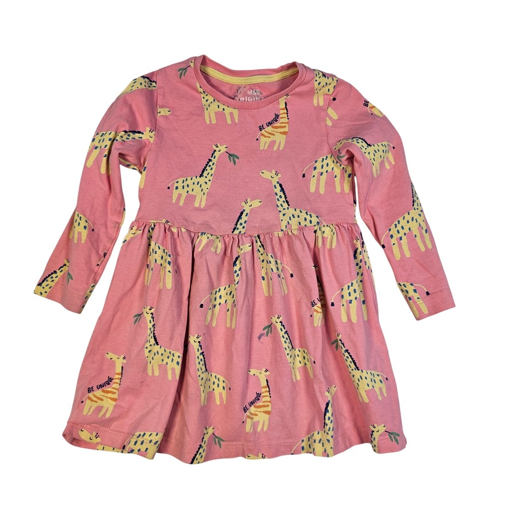 M&S‎ Originals Pink Giraffe Print Long Sleeve Jersey Dress Toddler 2-3 Years